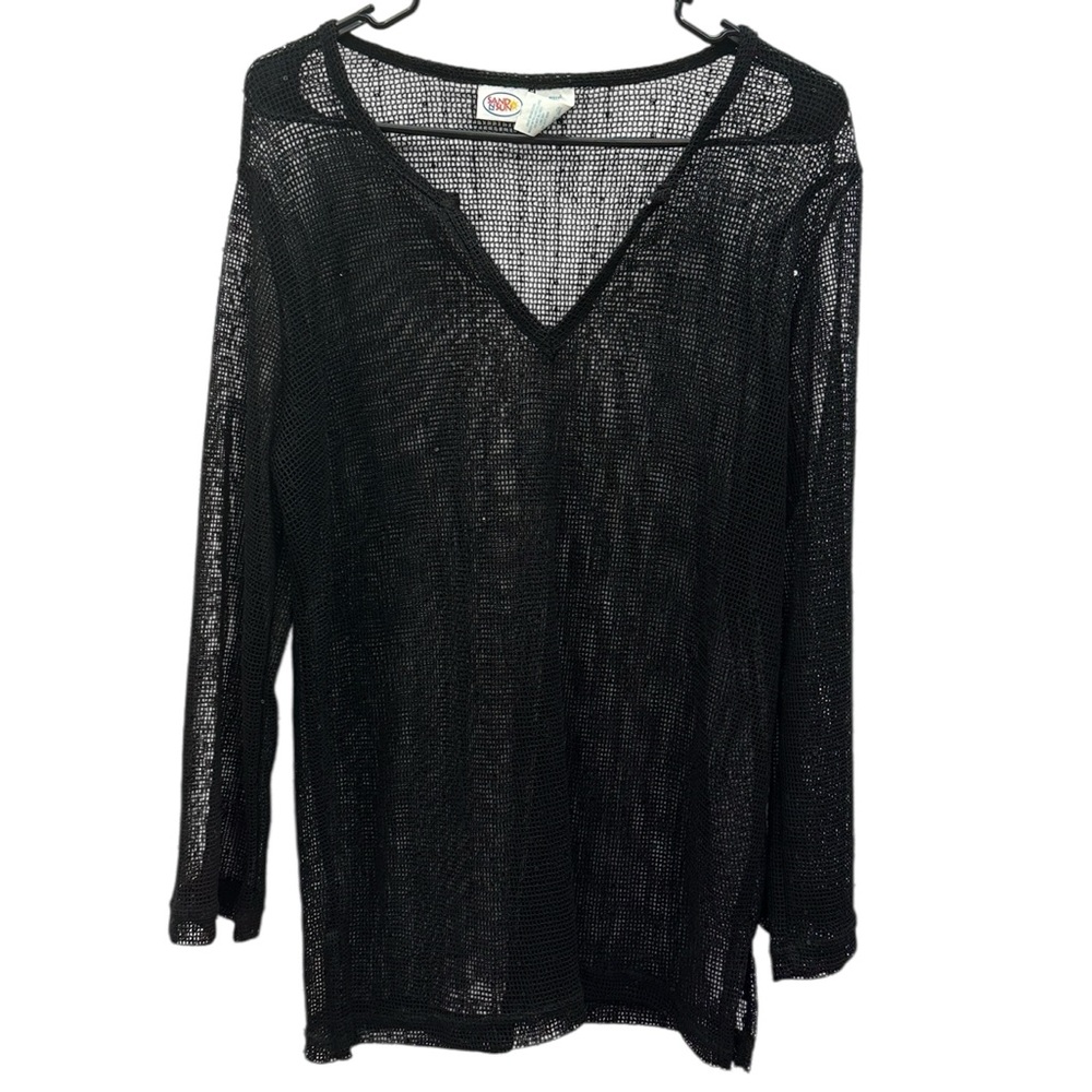 Sand N Sun Black Mesh Sequined Slit V Neck Beach Pullover Cover Up Womens Small - Picture 6 of 9